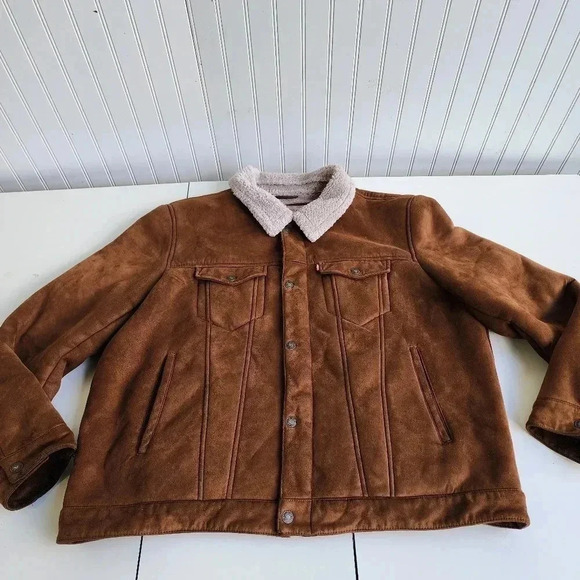 Levi's Brown Distressed Faux Leather Sherpa Lined Trucker Jacket XXL